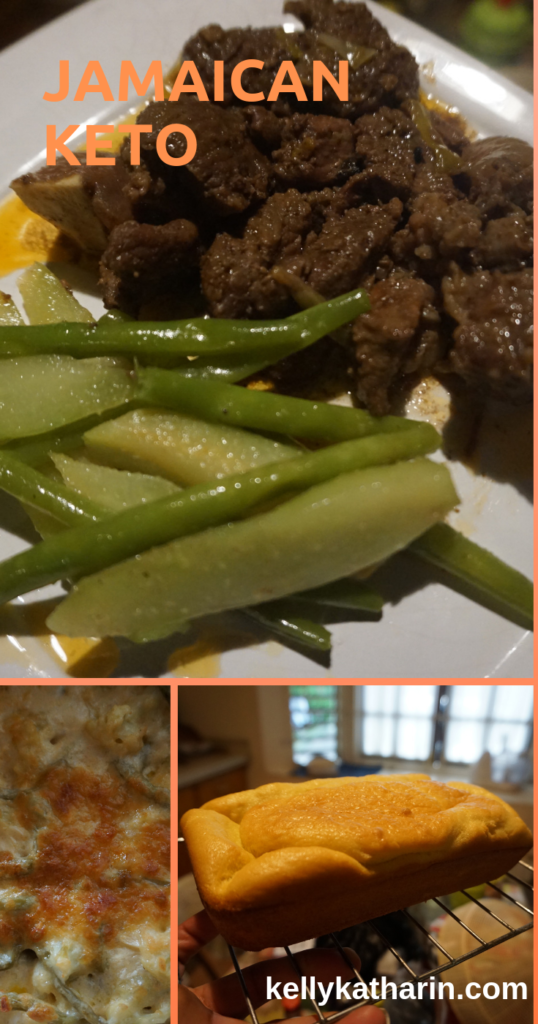 Sunday dinner Jamaican Keto style: braised beef, chayote and green beans, coconut flour bread, local veggie cheese casserole
