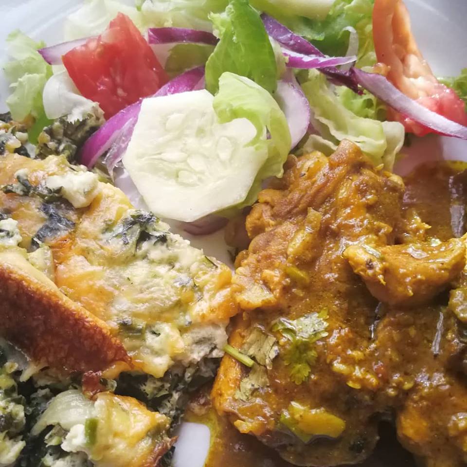 crust-less callaloo quiche and curried chicken