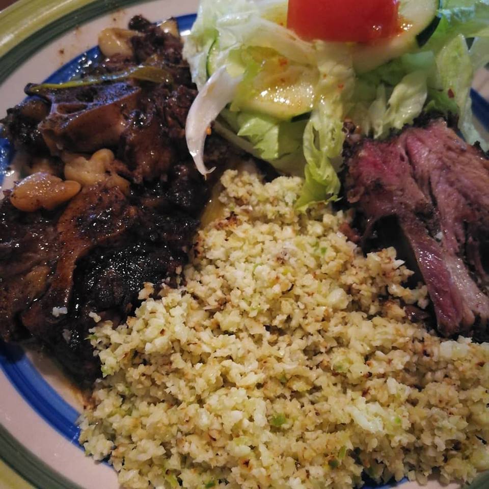 Oxtail, jerked pork, cauliflower rice and salad: Sunday Dinner Keto Style