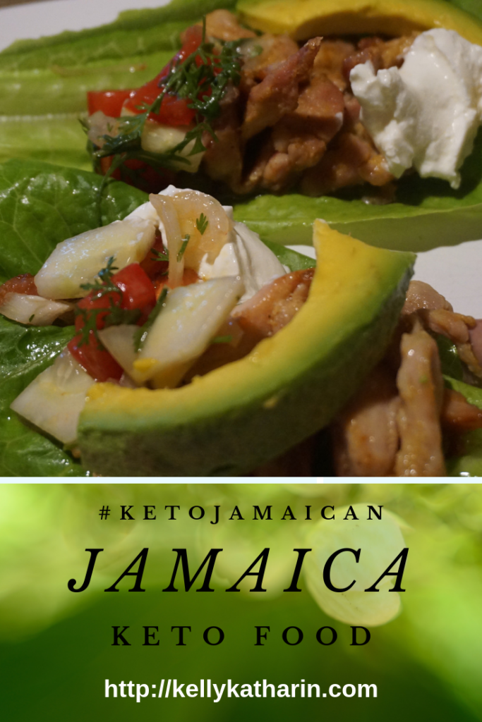 Jamaican keto food: spicy chicken strips with avocado wrapped in lettuce leaves