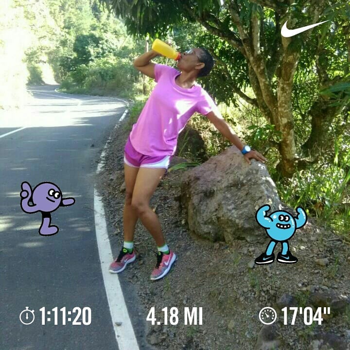 Marlene stopping to refresh on a run through the hills of Jamaica