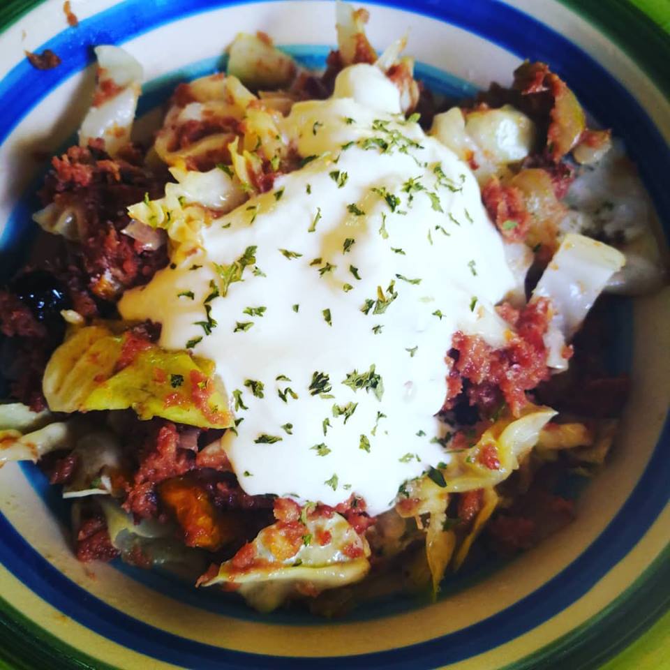 Corned beef and cabbage with a dollop of sour cream