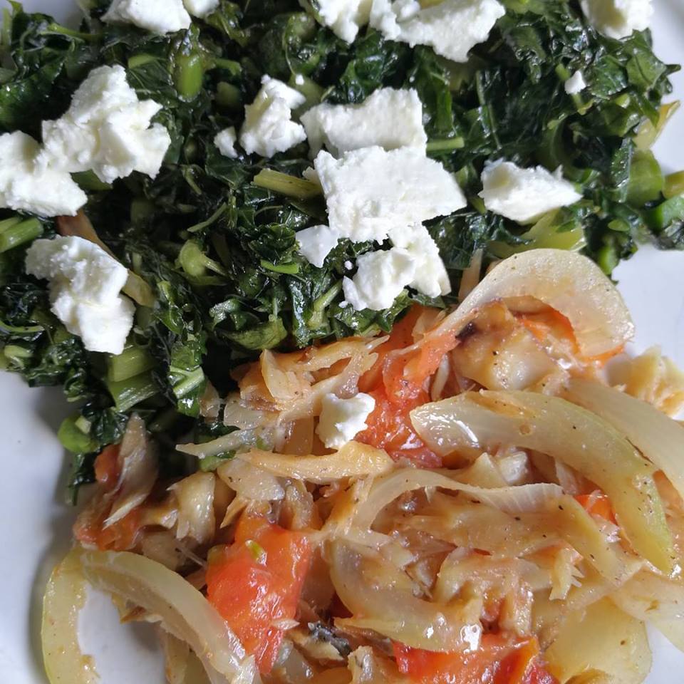 Saltfish with onions & tomato with callaloo & feta cheese 