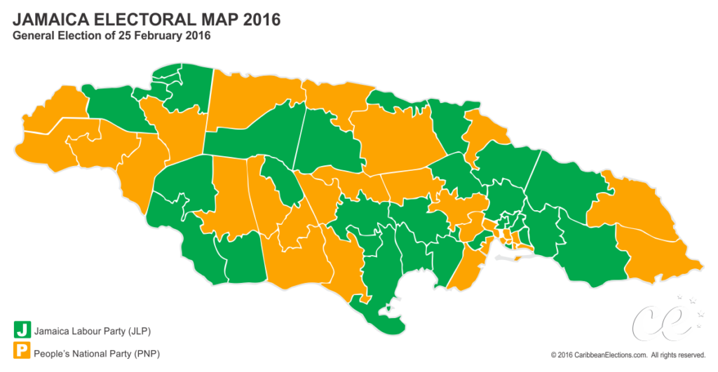 Jamaica constituency map after 2016 General Election
