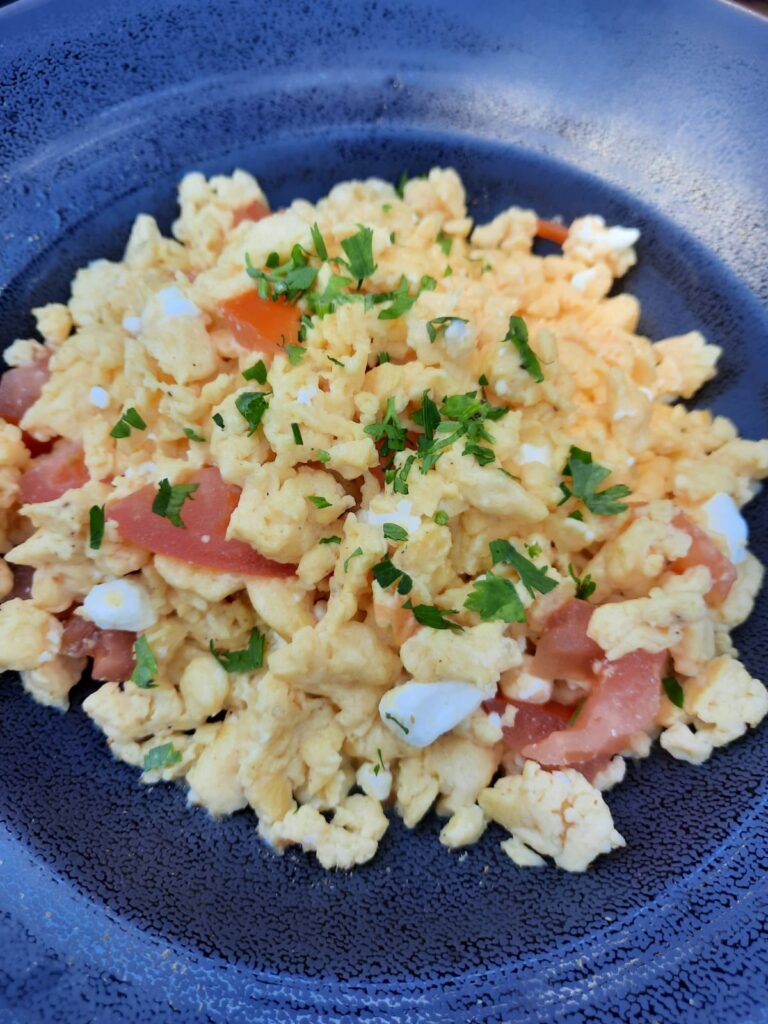 Scrambled eggs at a seaside cafe 